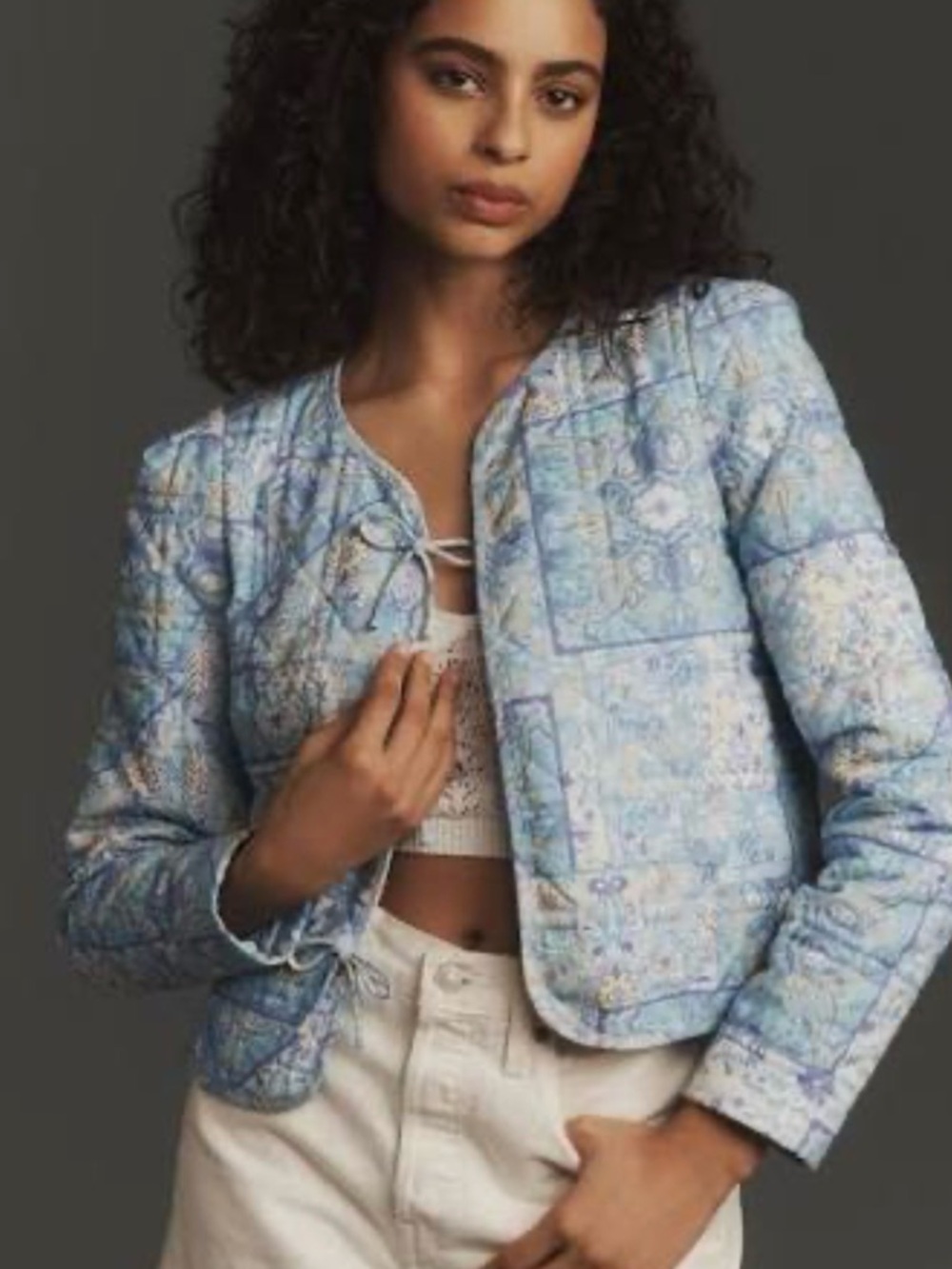 dolan Light Blue Floral Quilted Crop Jacket
